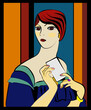 A stylized female character with red hair styled in a bob cut is portrayed against a background of vertical stripes in warm and cool tones. She is holding what appears to be a card or a small blank ca