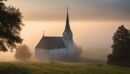 Wall Mural - the church is surrounded by fog and trees in the evening