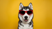 AI Generated Illustration Of A Siberian Husky Sporting Stylish Red Eyeglasses On A Yellow Backdrop