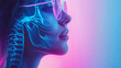 Close up view side profile shot of beautiful woman face in glasses with anatomical x-ray skeleton details. Bright led neon lights, pink and blue color background with copy space