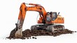 A large orange excavator is digging into a pile of dirt