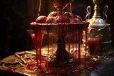 Fototapeta Natura - Vampire's Blood Fountain: Use a chocolate fountain with red-colored liquid to mimic blood, and serve drinks in goblets.