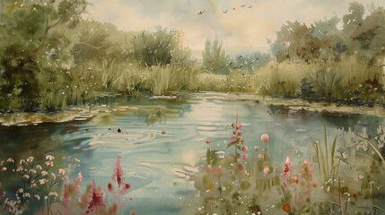 Wall Mural - AI generated illustration of a pond surrounded by green shrubs in watercolor