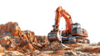 A large orange excavator is digging into a rocky hillside
