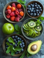 Poster - AI-generated illustration of bowls of assorted fruit and a ripe avocado arranged on a table