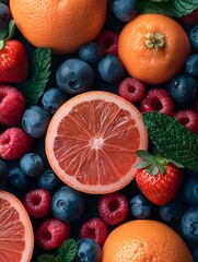 Poster - AI-generated illustration of fresh oranges and berries with foliage