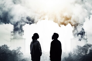 Silhouettes of two people gazing at industrial smokestacks emitting heavy pollution, symbolizing environmental concerns.