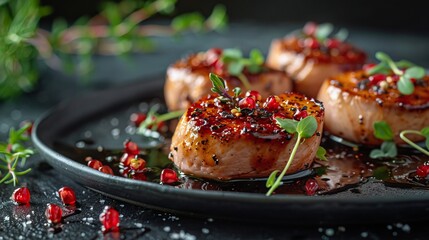 Grilled pork belly on black table with background