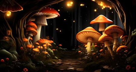 Sticker - AI generated illustration of mushrooms in a forest with fireflies hovering above