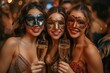 two ladies wearing masks and holding flutes of champagne at a party