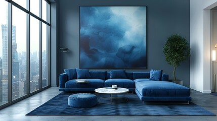 Wall Mural - AI generated illustration of a blue sofa by a tall window with a large painting