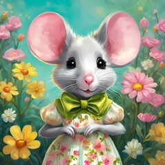 Wall Mural - AI generated illustration of a cute mouse wearing a dress and a green ribbon on a grassy meadow