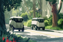 Two Self-driving Delivery Robots Move Along A Tree-lined Road In A Quiet Neighborhood