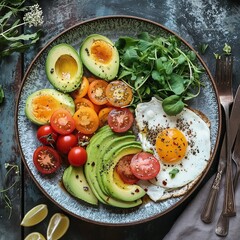 Wall Mural - Top view of a plate with avocado, tomatoes, and egg, AI-generated.