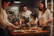 © Dasha Petrenko - Family preparing traditional festive Christmas Eve dinner together in cozy homely atmosphere, two daughters helping parents to set New Years table, cooking in kitchen decorated for winter holidays