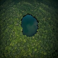 Canvas Print - AI-generated illustration of an aerial view of a lake surrounded by lush green trees