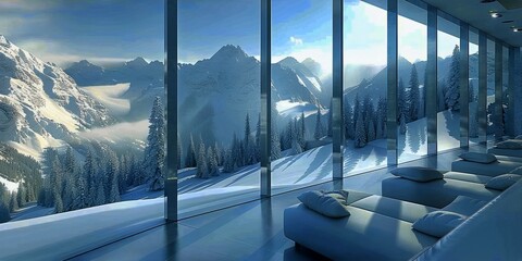 Wall Mural - Interior of a contemporary house with a snowy yard, AI-generated.