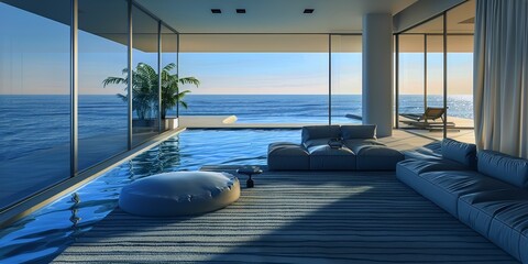 Wall Mural - Spacious living room with full ocean view, AI-generated.