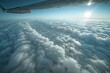 AI generated illustration of an airplane wing soaring over sunlit clouds