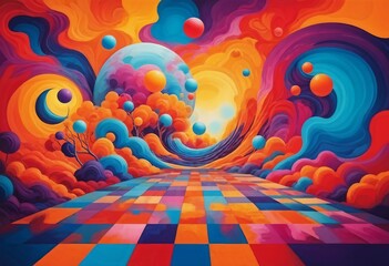 AI generated illustration of vivid colors and abstract shapes on checkered floor