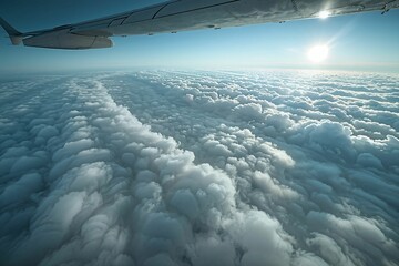 Poster - AI generated illustration of an airplane wing soaring over sunlit clouds