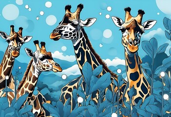 Sticker - AI generated illustration of giraffes standing united under a blue sky