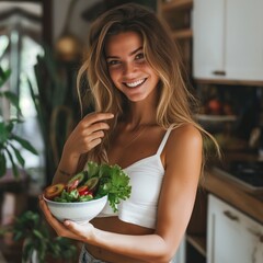 Poster - Young woman in a bra top holds a bowl of fresh vegetables, AI-generated.