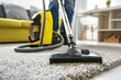 Professional Home Cleaning Service: Man Using Vacuum Cleaner to Clean Dirty Carpet Under Table