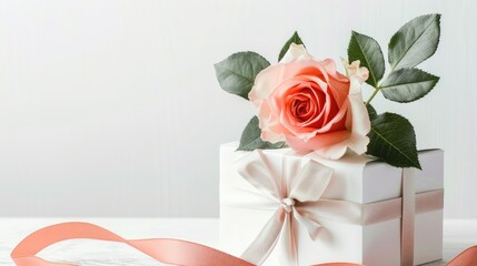 Wall Mural - Beautiful rose flower in a gift box against a white backdrop celebrating International Women s Day
