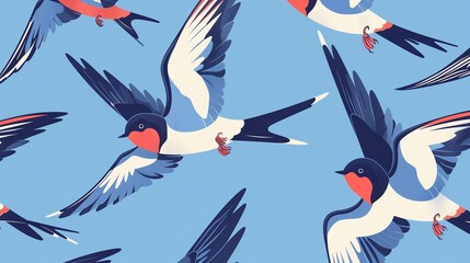 Poster - birds flying through the blue sky on blue and white paper