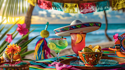 Canvas Print - Cinco de Mayo,Mexican colorful summer fiesta party,sombrero hat,maracas margarita cocktail,table colorful Mexican decorations.