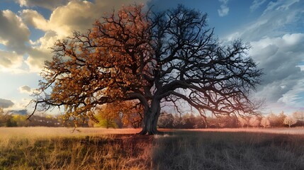 Canvas Print - AI generated illustration of a solitary tree in a vast field