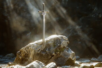 Wall Mural - A sword is standing on a rocky mountain