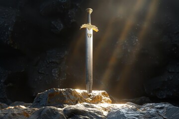 Wall Mural - A sword is standing on a rocky mountain