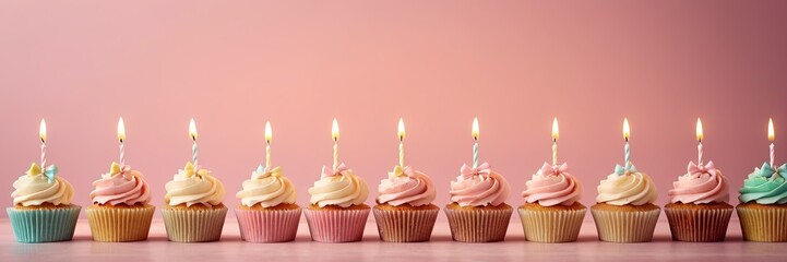 Colorful cupcakes with lit candles are displayed against a pink background, indicating an indoor celebration event marking of joy and celebrating. with free space