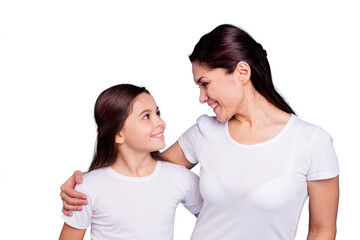 Sticker - Close up photo amazing toothy pretty two people brown haired mum small little daughter stand hugging lovely look eyes free time rejoice wearing white t-shirts isolated on bright blue background