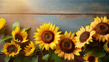 Fototapeta Natura - Cure rustic background with beautiful yellow sunflowers on wooden board, autumn fall floral backdrop
