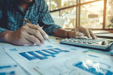 A business hand calculating energy audit tax accounting.