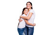 © deagreez - Close up photo adorable amazing pretty two people brown haired mum small little daughter stand close lovely holding hands arms circle rejoice wearing white t-shirts isolated on bright blue background