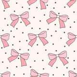 Fototapeta Pokój dzieciecy - Draw seamless pattern coquette pink bows with polkadot Retro valentines Fabric print