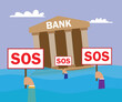 Bank building and business people  drowning in water after financial crisis