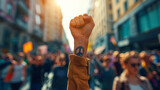 Fototapeta  - Raised Fist in a Crowded Street Demonstrating Unity and Power