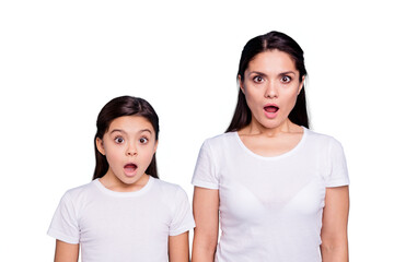 Wall Mural - Close up photo pretty two people brown haired mum small little daughter eyes mouth opened frightened oh no facial expression wearing white t-shirts isolated bright blue background