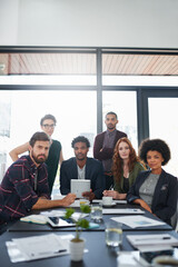 Leinwandbilder - Portrait, team or business people in startup meeting for solution, conversation or work discussion. Tablet, diversity or proud designers in office for planning, partnership or online collaboration