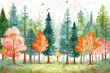 A endearing watercolor illustration of a childlike forest where coniferous and deciduous trees coexist, offering a glimpse into a world of imagination