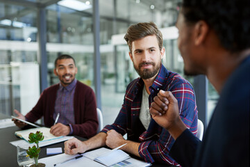 Aufkleber - Teamwork, collaboration and people in meeting in office, workspace or conference room with notebook for agenda. Discussion, partnership and men together for plan, work or diversity in creative career