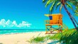 Illustration of a yellow wooden lifeguard booth on a tropical sandy beach under palm trees. Image for leisure and travel