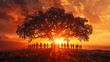 Unity at Sunset: People Holding Hands Around a Majestic Tree