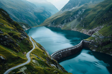 aerial view of dam and reservoir lake in mountains