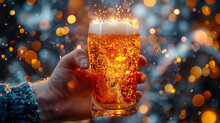 Man's Hand Holding A Glass Of Beer On Bokeh Background